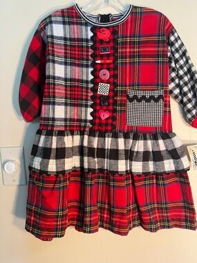 Zoodles Vintage Kids Red & Black Plaid Ruffle   Dress with School Button Detail